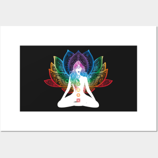 Rainbow Lotus Flower With Chakras Aligned Meditating Bohemian Girl Posters and Art